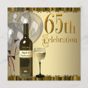 Invitation Vin Verre Bouteille Or 65e fête d'anniversaire