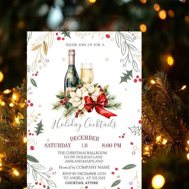 Invitation Vin Verre Bouteille Poinsettia Bow Company Noël (Créateur téléchargé)