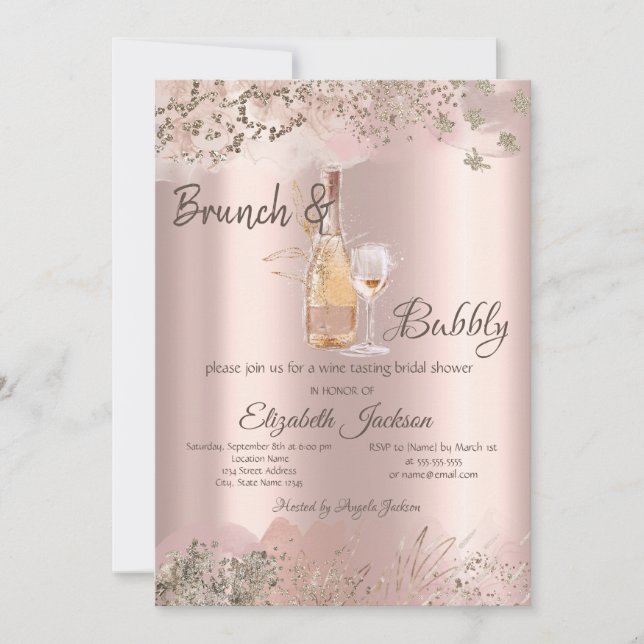 Invitation Vin Verre Bouteille Rose Gold Fête des mariées fro (Devant)
