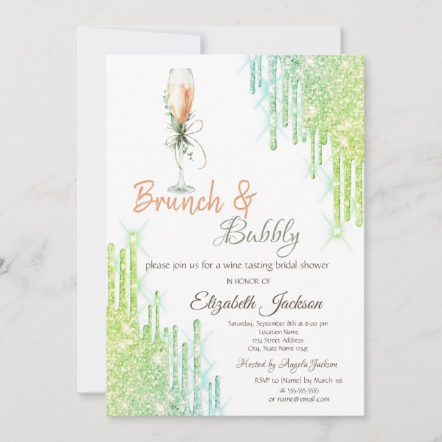 Invitation Vin Verre Bouteille Verte Drives Brunch & Bubbly (Devant)
