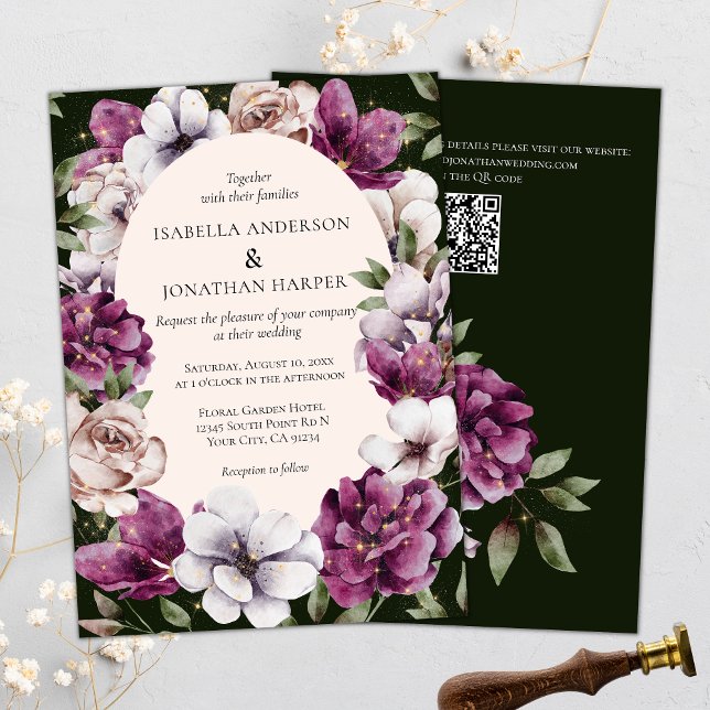 Invitation Vin vert foncé Florales violettes QR Code Mariage (Créateur téléchargé)