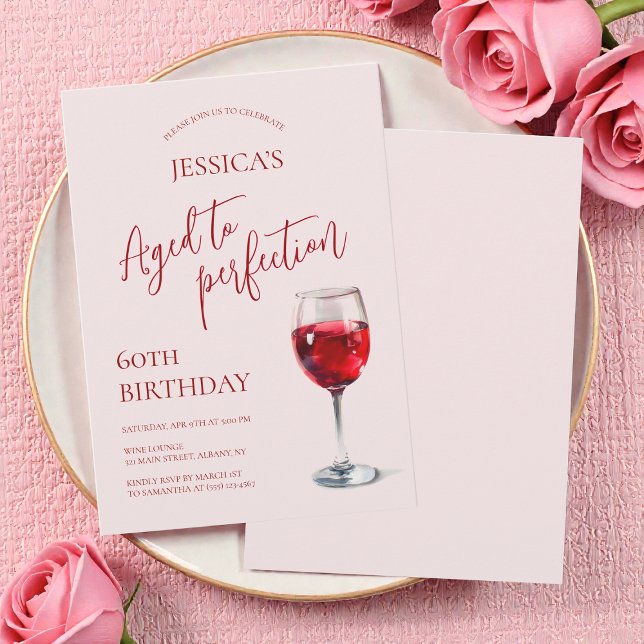 Invitation Vin Vieilli à la Perfection Fête d'anniversaire 60 (Aged to Perfection Wine Pink 60th Birthday Party Invitation)