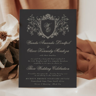 Invitation Vinatage Floral Crest Mariage de crème au charbon 