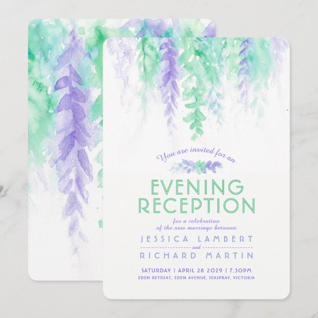 Invitation Vine d'aquarelle violet vert soirée réception (Devant / Derrière)