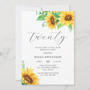Invitation Vingt chic tournesol jaune floral 20e anniversaire