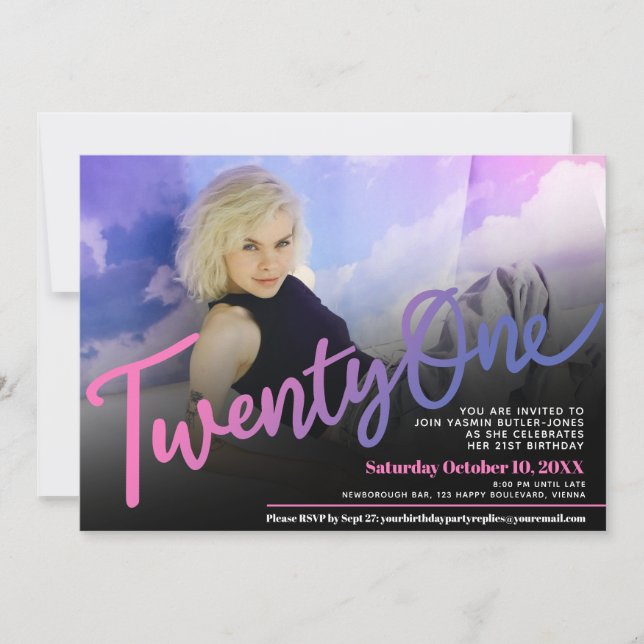 Invitation Vingt et un Anniversaire photo personnalisée rose  (Devant)