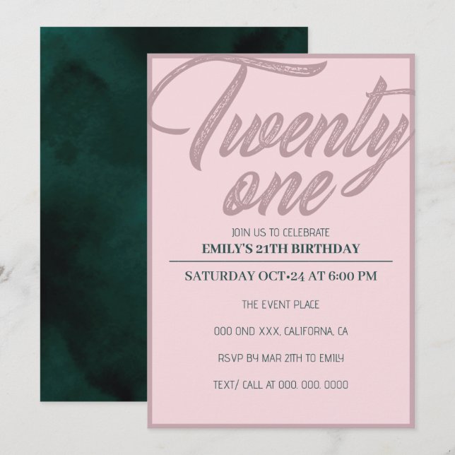 Invitation Vingt et un | Rose Gold Pink 21e fête d'anniversai (Devant / Derrière)