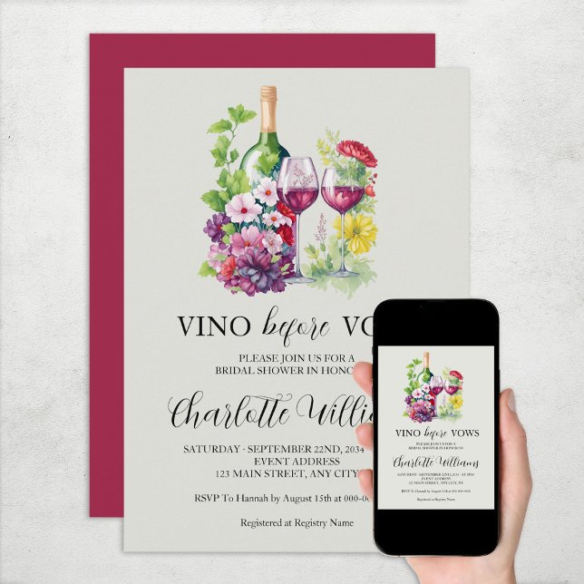Invitation Vino Avant Vows Aquarelle Vine Fête des mariées (Vino Before Vows Watercolor Wine Bridal Shower Invitation
)