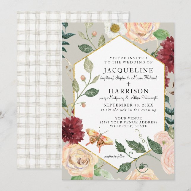 Invitation Vins d'aquarelle en corail floral Rose papillon (Devant / Derrière)