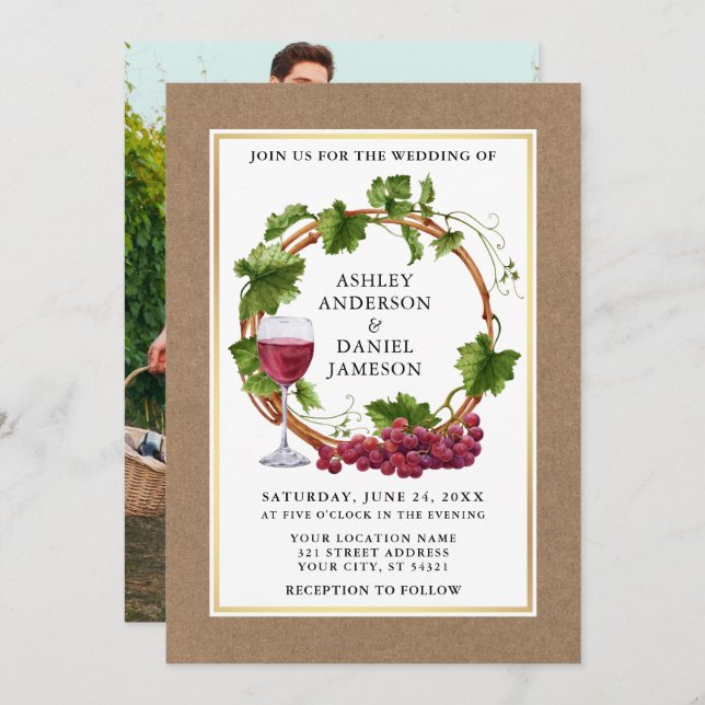 Invitation Vins de raisin d'aquarelle Wreath Kraft Mariage ph (Devant / Derrière)