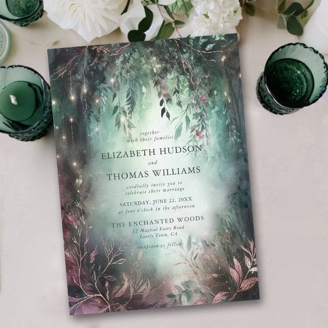 Invitation Vins d'or de la forêt enchantée Mauve Mariage magi (enchanted forest wedding invitation elegant magical fairy garden foliage greenery overhanging vines )