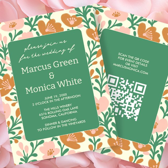 Invitation Vins fleur sauvage rose vert personnalisé QR Code  (Wildflower Vines Pink Green Custom QR Code WEDDING Invitation
)