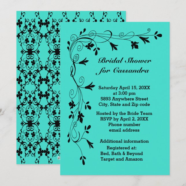 Invitation Vins floraux noirs Turquoise ou Couleur Bride douc (Devant / Derrière)