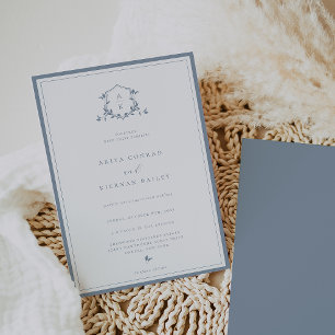 Invitation Vins intemporels Dusty Blue Monogram Mariage Crest