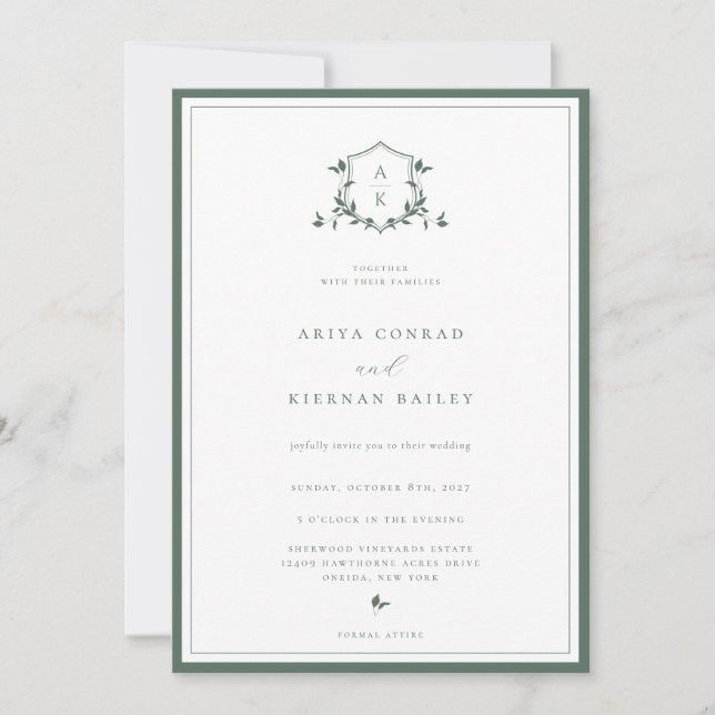 Invitation Vins intemporels Monogramme vert Mariage Crest (Devant)