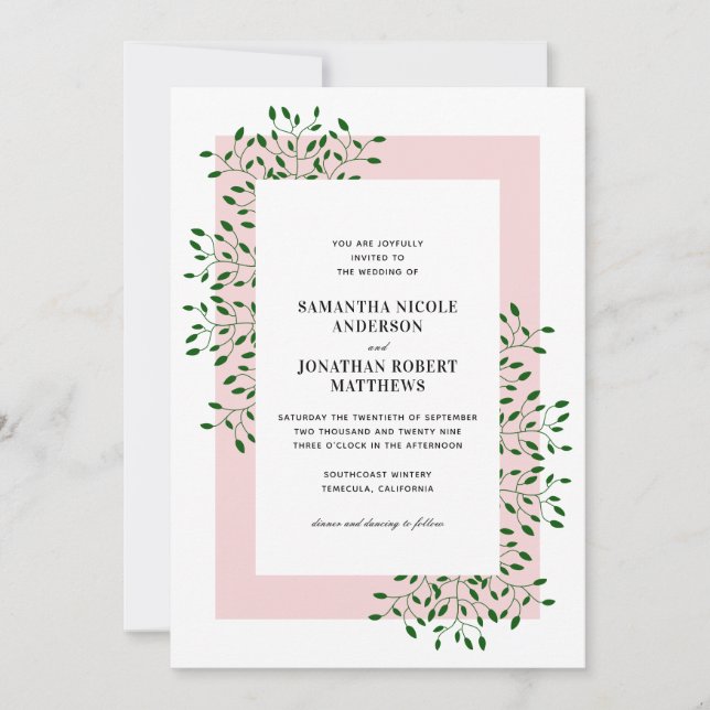 Invitation Vins vert émeraude et mariage élégant rose clair (Devant)