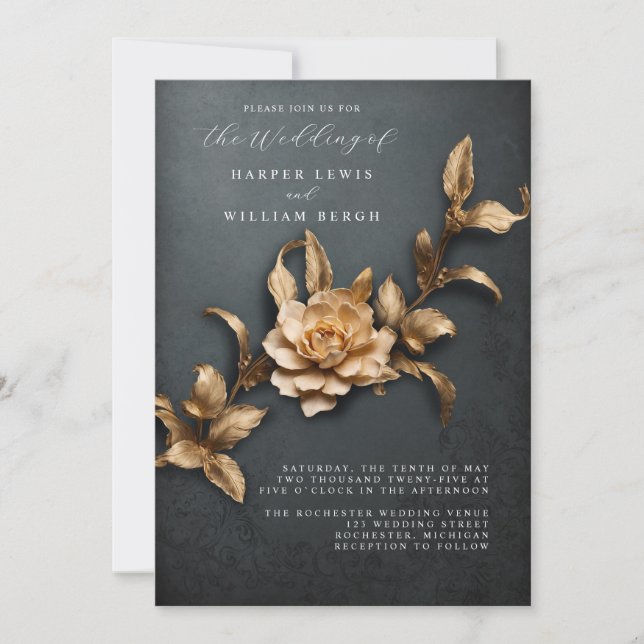 Invitation vintage 3d feuille d'or code qr mariage (Devant)