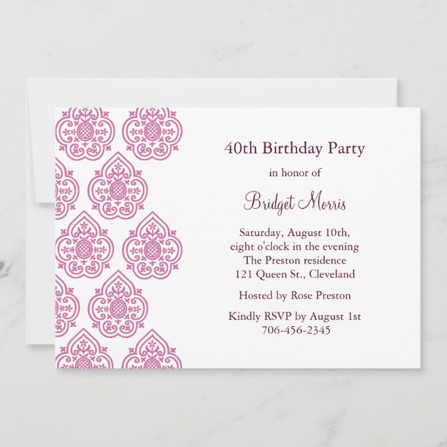 Invitation Vintage à l'anniversaire de Damask (Devant)