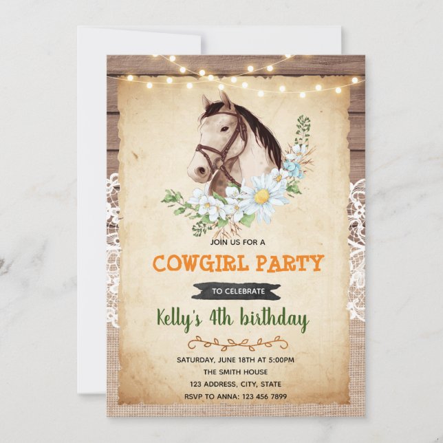Invitation Vintage à l'anniversaire du cheval (Devant)