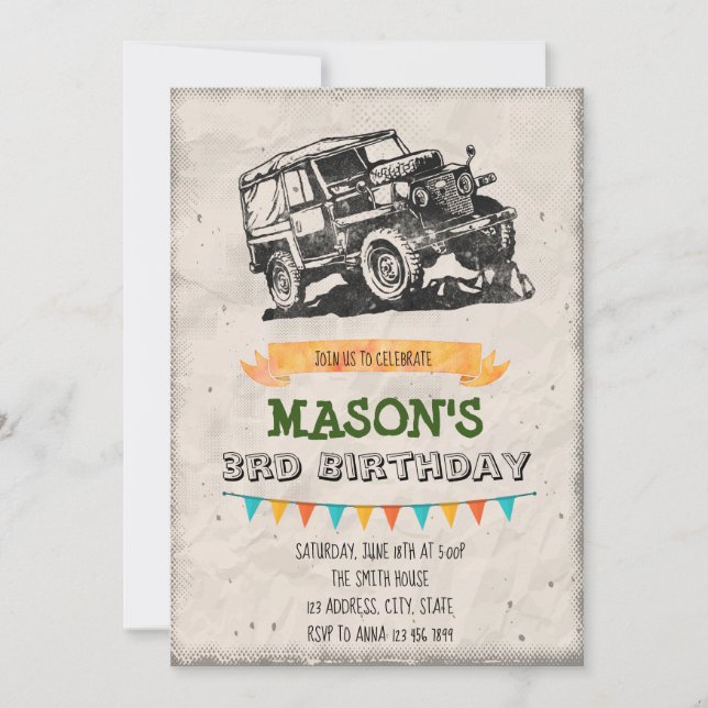 Invitation Vintage à une fête en jeep (Devant)