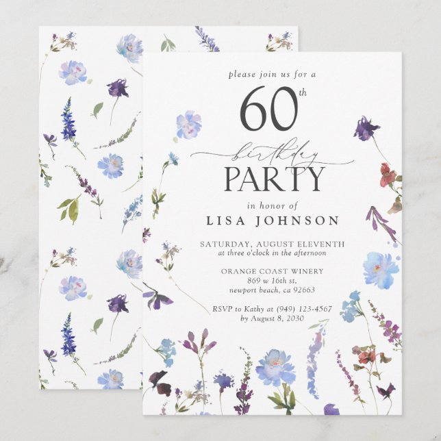 Invitation Vintage Adulte 60e fête d'anniversaire Fleurs sauv (Devant / Derrière)