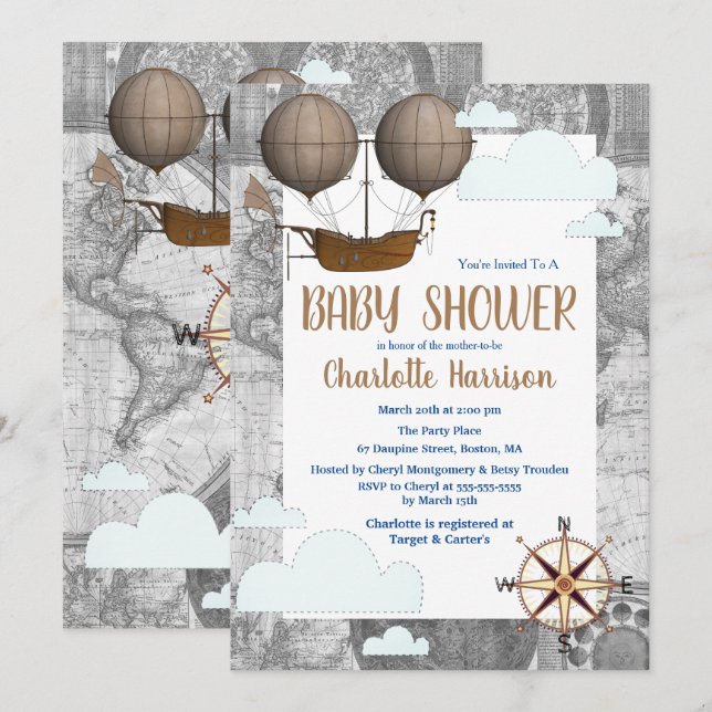Invitation Vintage Airship & Clouds World Travel Baby shower (Devant / Derrière)