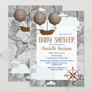 Invitation Vintage Airship & Clouds World Travel Baby shower
