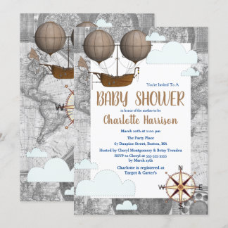 Invitation Vintage Airship & Clouds World Travel Baby shower