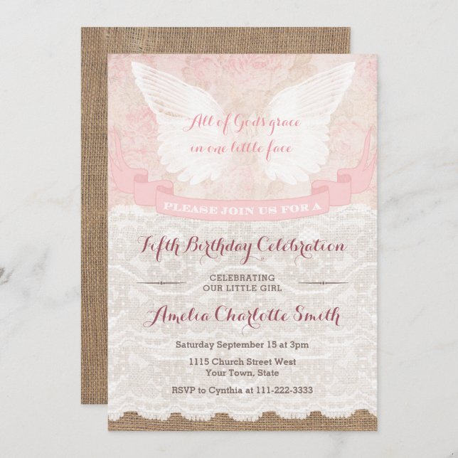 Invitation Vintage Ange Rustique Fête d'anniversaire / N'impo (Devant / Derrière)