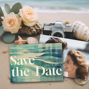 Invitation Vintage Aqua les années 70 Waves Photo Wedding Enr