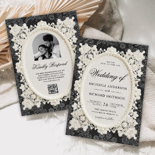 Invitation Vintage Argent Noir Ivoire Dentelle Mariage