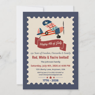 Invitation Vintage Avion America 250e 14 Juillet