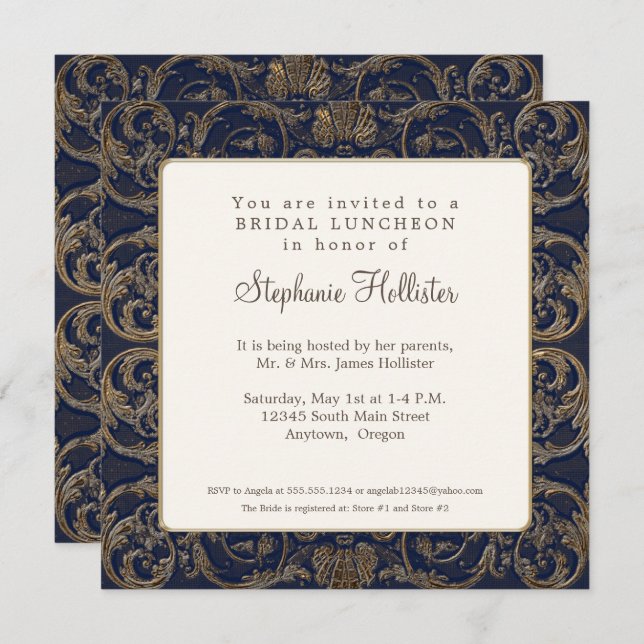 Invitation Vintage Baroque Elegant Marine Fête des mariées bl (Devant / Derrière)