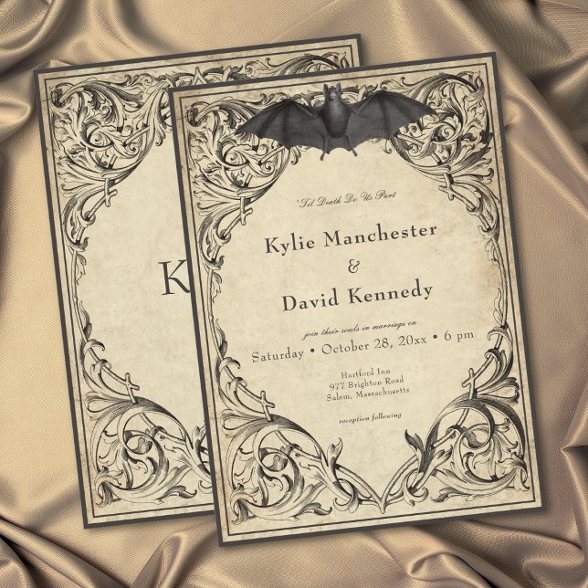 Invitation Vintage Bat Until Death Black Parchment Wedding (Vintage Bat Until Death Black Parchment Wedding Invitation)