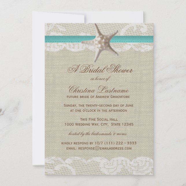 Invitation Vintage Beach et Starfish Fête des mariées (Devant)