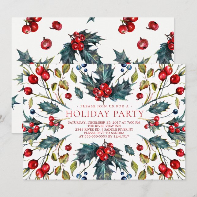 Invitation vintage Berry Holly Holiday (Devant / Derrière)