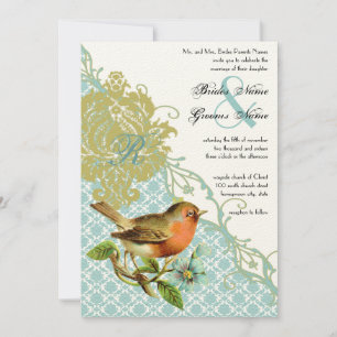 Invitation Vintage Bird Coral Lagoon Endive Mariage damassé