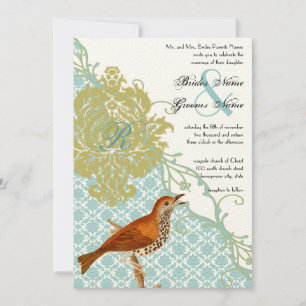 Invitation Vintage Birds Lagoon Endive Mariage damassé