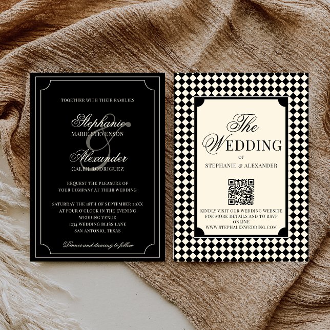 Invitation Vintage Black Checkered Old Money QR Code Wedding (Créateur téléchargé)