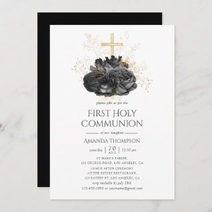 Invitation Vintage Black et or Floral Première communion sain