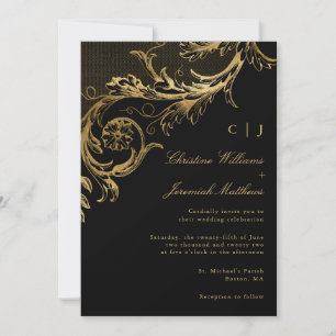 Invitation Vintage Black Gold Floral Damask Monogram Mariage