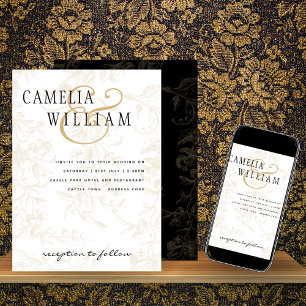Invitation Vintage Black Gold Floral Mariage élégant
