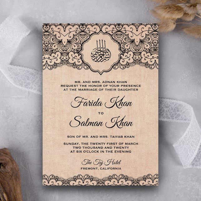 Invitation Vintage Black Lace Russe Burlap Mariage islamique (Créateur téléchargé)
