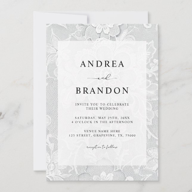Invitation Vintage Black & White Lace Floral Wedding (Devant)