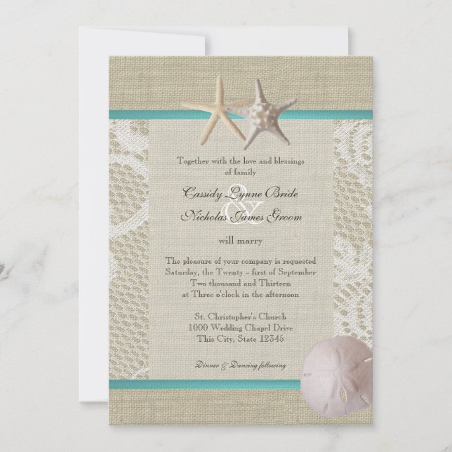 Invitation Vintage Blanc dentelle Océan Romance (Devant)
