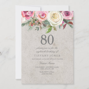 Invitation Vintage Blanc & Rose Floral 80e anniversaire Invit