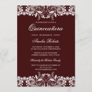 Invitation Vintage Blanche dentelle Bourgogne Quinceanera Inv
