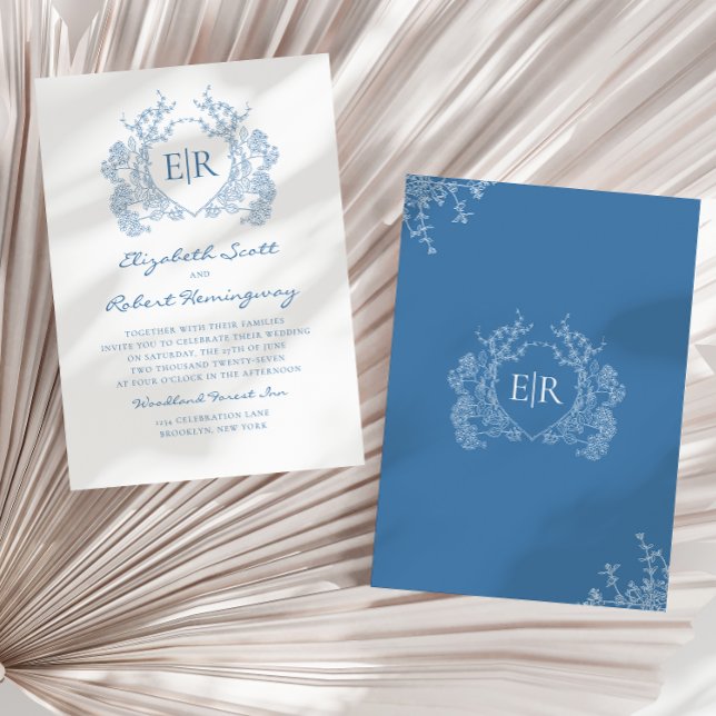 Invitation Vintage bleu Floral Crest Monogramme Mariage (Créateur téléchargé)
