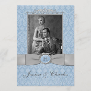 Invitation Vintage bleu, gris damassé troncs Mariage photo