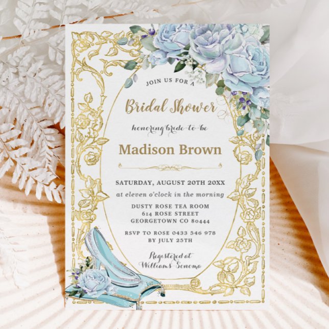 Invitation Vintage Bleu Rose Gold Princesse Fête des mariées (baby blue french roses vintage gold cinderella shoe princess fairytale bridal shower invitation card)
